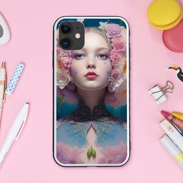 粉彩色系的花朵與夢幻可愛女孩 手機殼【強化玻璃】適用於 iPhone16