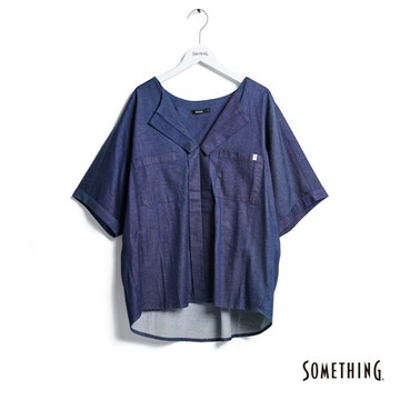 SOMETHING 女裝 翻領短袖丹寧短袖襯衫-原藍色