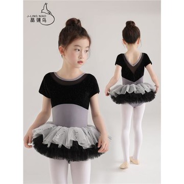 晶翎鳥兒童體服芭蕾舞半袖拼網絲絨連體服女童練功服體操服