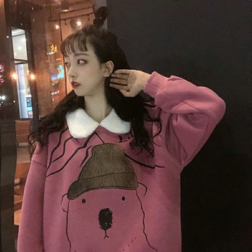 大碼粉色羊羔絨衛衣女寬松韓版2021春季新款洋氣減齡長袖薄款上衣