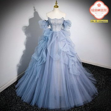 【仙氣飄飄】一字肩晚禮服 晚禮服 演出服 婚紗 禮服 藍色紗裙 成人禮 藝考 鋼琴演奏 美聲獨唱 宴會主持 修身顯瘦