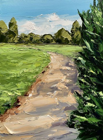 原始綠色風景油畫在帆布藍天藝術紋理厚塗