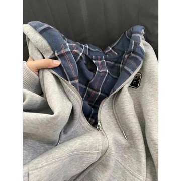 美式復古假兩件格子連帽衛衣男女秋冬設計感加絨加厚刺繡外套上衣