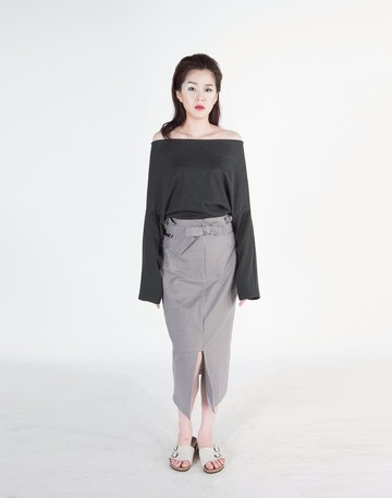 Karin 側腰鏤空多層次格紋長裙