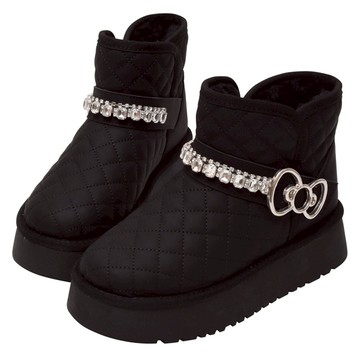 Ann’S X Sanrio三麗鷗 HELLO KITTY 聯名 雪鑽之履大蝴蝶結菱格紋鑽石真皮防潑水短筒雪靴4cm-黑