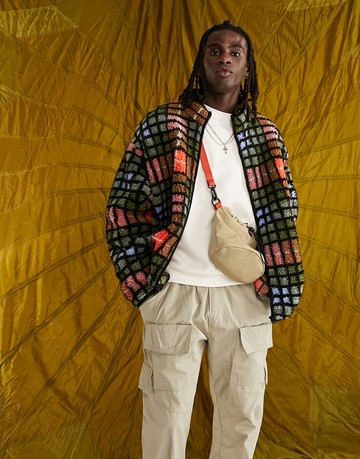 ASOS DESIGN oversized zip through borg jacket in all over check print-Multi