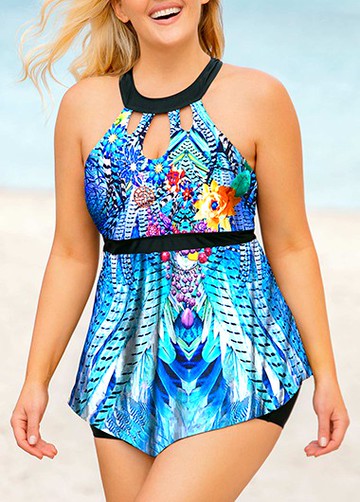 Bohemian Animal Print Plus Size Blue Tankini Set