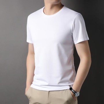夏季新款冰絲短袖t恤男圓領純色桑蠶絲薄款半袖男裝絲光棉體恤潮