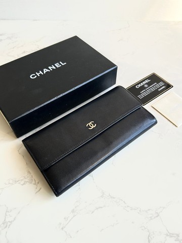 中古包 Chanel 黑色魚子醬皮革長夾 皮夾 錢包 二手包 手拿包