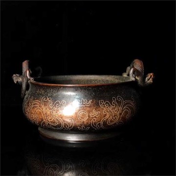 老件紫銅掐絲高12*26公分3.95公斤雙龍戲珠龍鳳呈祥香爐擺件