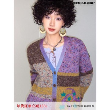 化學少女「星星圓夢曲」復古彩點提花拼接針織開衫外套女秋冬毛衣