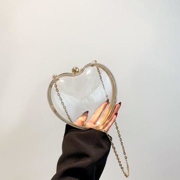 2024高級感透明愛心迷你口紅包時尚夾口潮流鏈條小包桃心透明小包