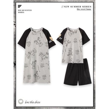 情侶睡衣夏季純棉短袖套裝男士寬松大碼睡裙女夏天薄款全棉家居服