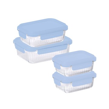 Wavelock啵啵盒耐熱玻璃保鮮盒長方形4件組-寶寶藍