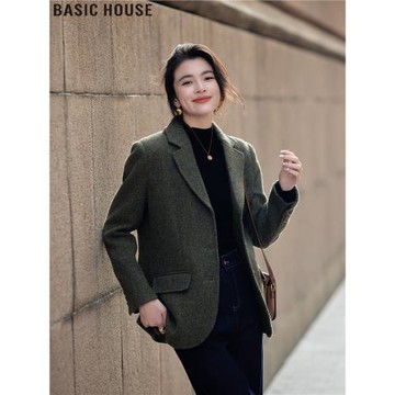 Basic House/百家好挪威綠西裝領綿羊毛大衣外套女士2025秋冬新款