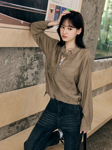 小立領造型口袋腰抽繩拉鍊外套