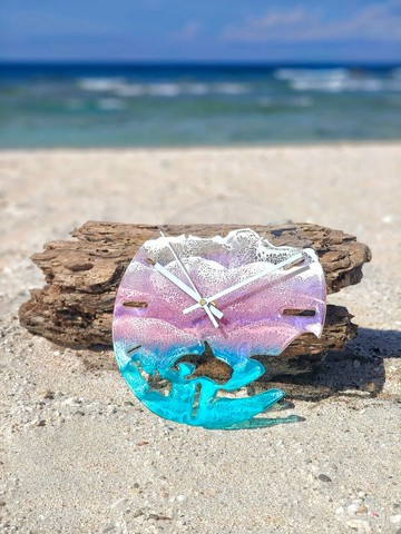 綠島手作/粉紅海浪海洋樹脂/掛鐘/時鐘/鯨鯊魟魚海龜/壓克力客製