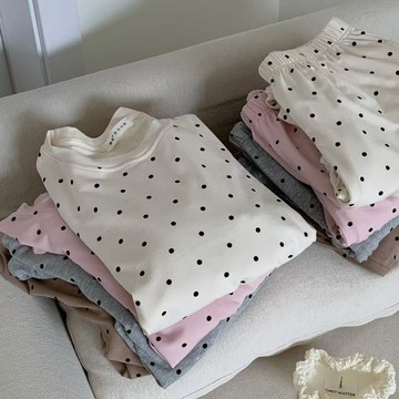 韓系簡約波點棉質睡衣套裝 春秋季圓領長袖長褲居家服 女生睡衣 家居服可外穿 兩件式睡衣 休閒服 睡衣睡褲 寬鬆舒適