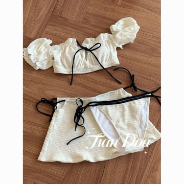 夏季優選🌞 【miu系千金】少女黑白質感度假溫泉泳衣比基尼分體三件套裙式夏
