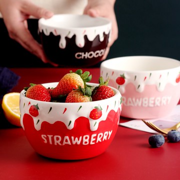陶瓷草莓碗家用學生可愛創意水果沙拉碗卡通餐具甜品碗米飯碗單個
