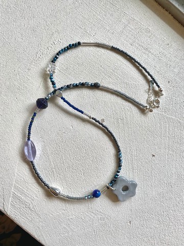 手作軟陶項鍊 銀色花花 藍晶石 純銀