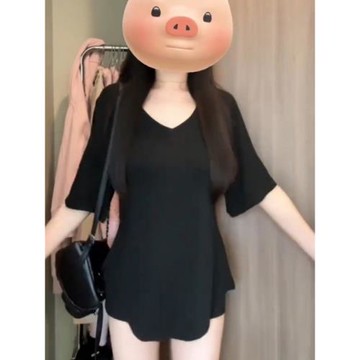 大碼胖妹妹v領短袖t恤女裝2025夏季新款顯瘦寬松獨特漂亮掐腰上衣