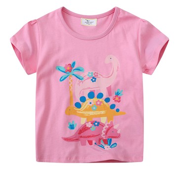 Jumping meters - 棉質圓領短袖上衣-恐龍花卉-粉色