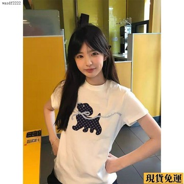 ✨臺灣發✨ 韓系卡通波點小狗印花  短袖  t恤女 夏季 新款修身顯瘦正肩短款 上衣 ins