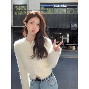 慵懶風白色水貂絨毛衣外套女春季加厚外穿外搭毛茸茸短款針織開衫