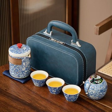 商務輕奢旅行茶具繁花陶瓷古韻快客杯車載戶外便攜式功夫茶具禮品