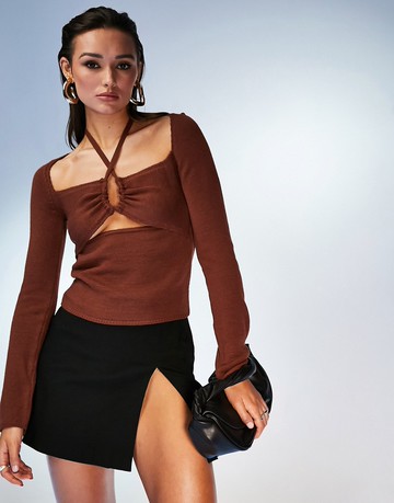 ASOS DESIGN jumper with halter neck and cut out front in brown