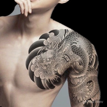 💗精心挑選💗半甲紋身貼披肩男女款胸前老傳統日式男女款墨龍大臂黑灰逼真貼紙 95AO