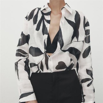 西班牙女裝法式休閑風翻領舒適花卉印花長袖襯衫寬松白色長袖上衣