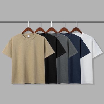 日系復古水洗重磅阿美咔嘰300克純棉重磅純色寬松竹節棉男女短袖t