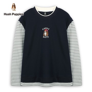 Hush Puppies 上衣 男裝假兩件華夫格條文棒球帽狗寬版長袖上衣