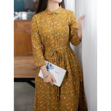 鳳凰記|在野 棉麻文藝女裝棉布碎花長裙女裙長袖高腰長袖連衣裙