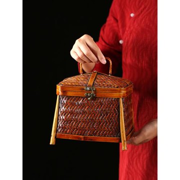 手工竹編普洱收納盒中式禪意茶桌筐百寶盒編織竹手提籃竹籃工藝品