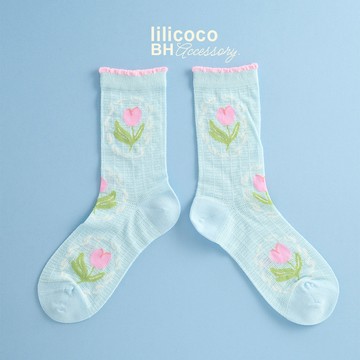 BYHUE lilicoco 可愛小花撞色滾邊針織中筒襪－藍