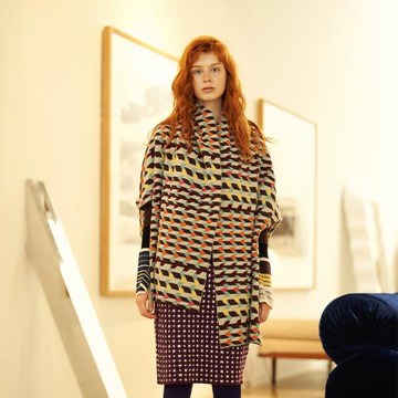 秋冬墨綠色復古幾何圖案針織披肩