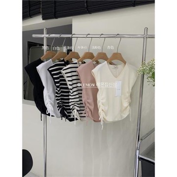 溫柔系飛飛袖v領短袖女THE LEMON夏季抽繩收腰顯瘦短款冰絲t恤