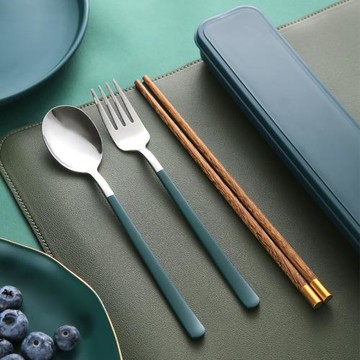 北歐風便攜餐具食品級不銹鋼筷子勺子套裝學生三件套收納盒單人裝