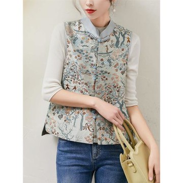 乄 云想衣裳 新中式金線提花復古國風盤扣改良款馬甲女立領背心