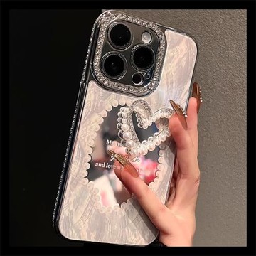 甜美冷淡風適用蘋果17promax手機殼16pm新女款貝殼紋鏡面電鍍iphone15Pro奢華閃鉆愛心保護套14Por硅膠13立體