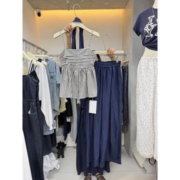 (免運)十三行夏季吊帶條紋背心+減齡帆布包包+松緊腰寬松休閑長褲三件套