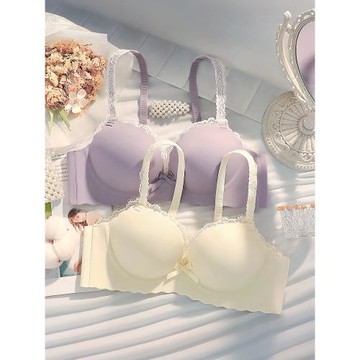 內衣女小胸聚攏顯大無鋼圈平胸專用無痕一片式紫色文胸罩內褲套裝