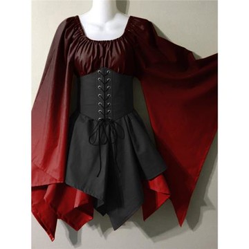 歐美風漸變印花復古Cosplay氣質演出服文藝復興中世紀連衣裙禮服