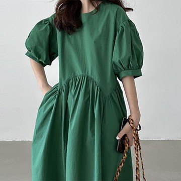 韓國chic夏季復古減齡圓領寬松顯白拼接不規則褶皺泡泡袖連衣裙女