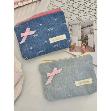 410211 韓版刺繡蝴蝶結牛仔布零錢包硬幣鑰匙收納袋卡包小物整理