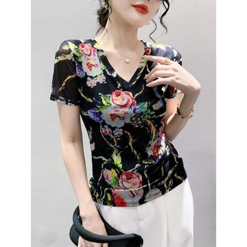 歐洲站夏季新款時尚印花V領T恤女短袖彈力網紗上衣修身顯瘦小衫潮