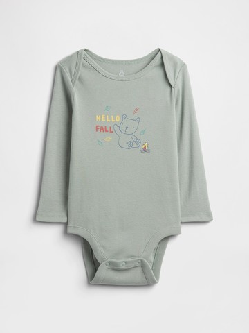 嬰兒裝 純棉印花圓領長袖包屁衣-灰綠色